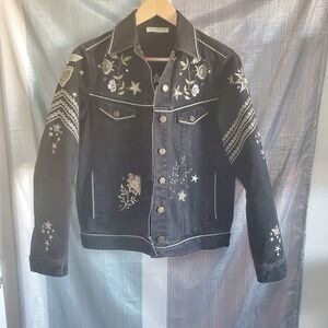 Spell & The Gypsy Black Denim Embroidered Beaded Star Jacket S Celestial